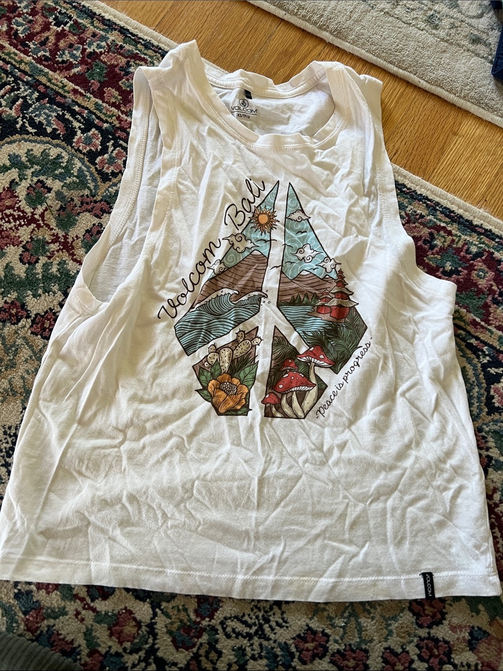 Volcom White Graphic Crop Tank with Multicolor Peace Design - Picture 2 of 5